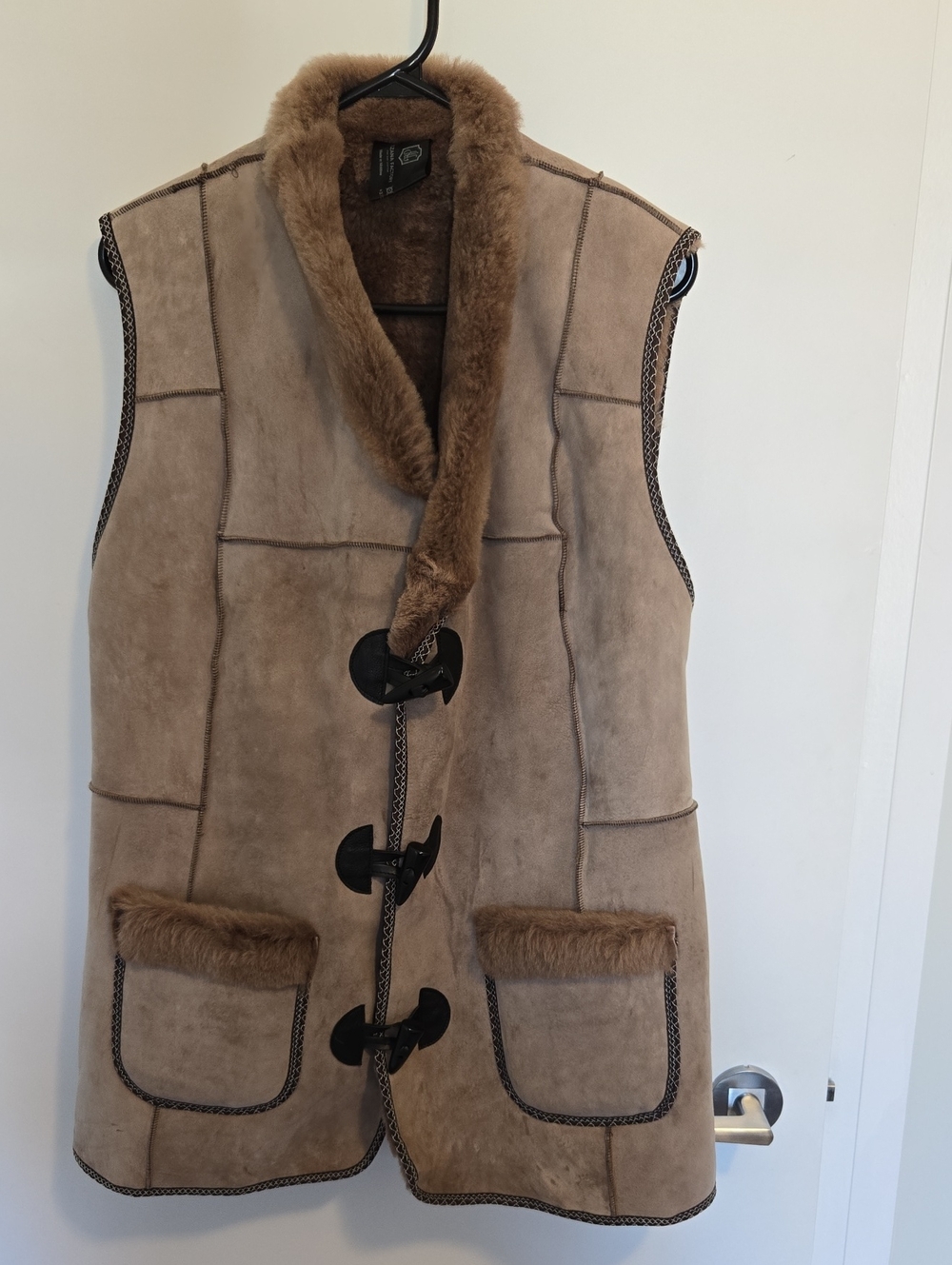 Women’s Taupe Shearling Vest with Fur Trim